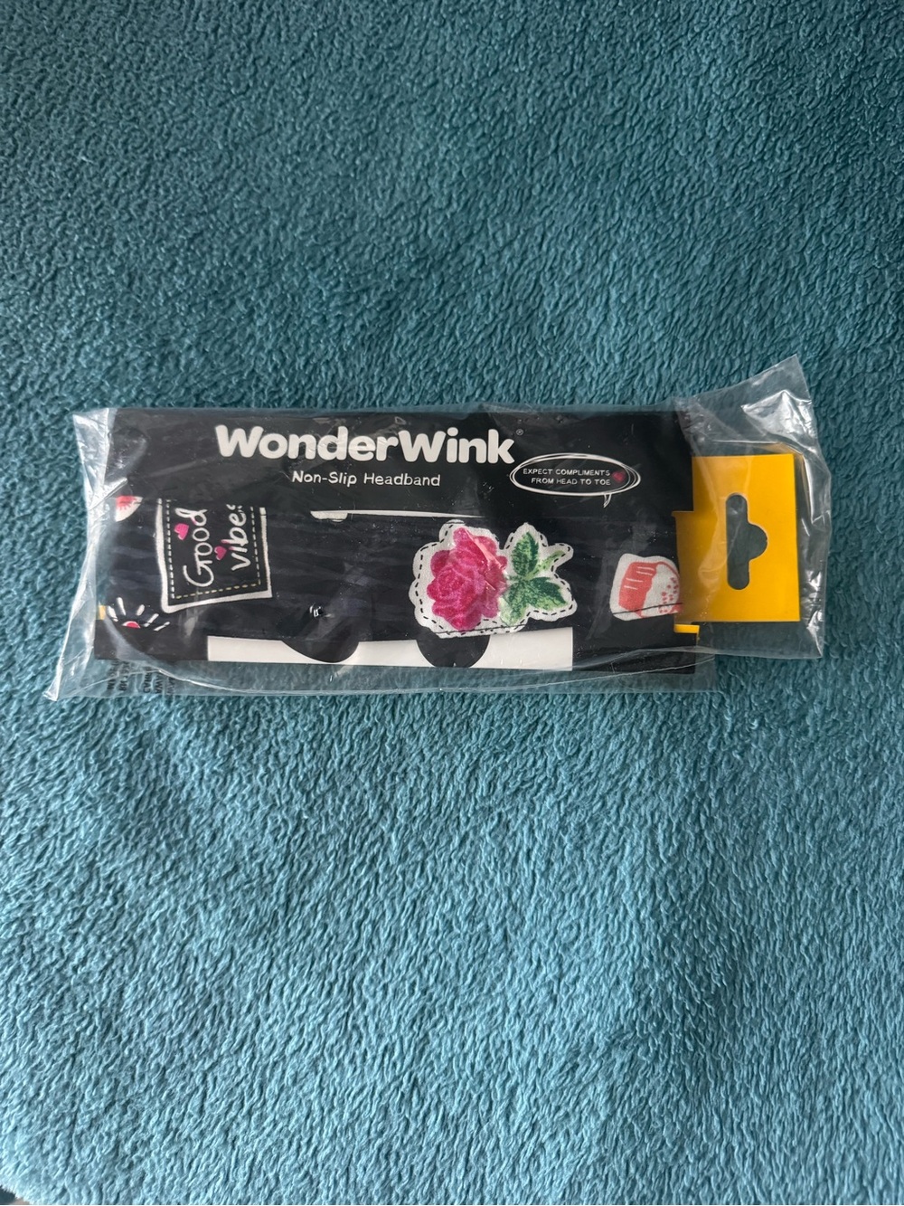 WonderWink good vibes Black Headband with Pink Rose & Green Leaf Accents